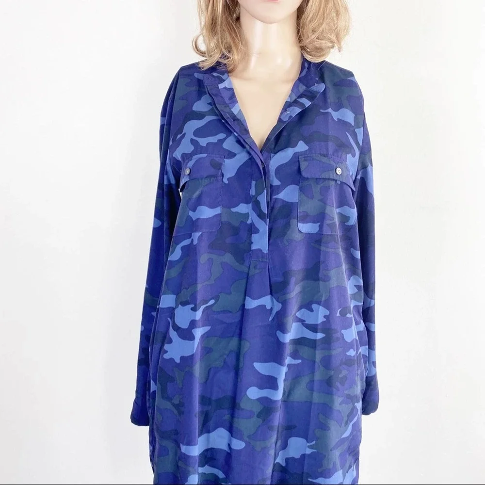 GAP Blue Camo Shirt Shift Dress pockets front S - Picture 4 of 11